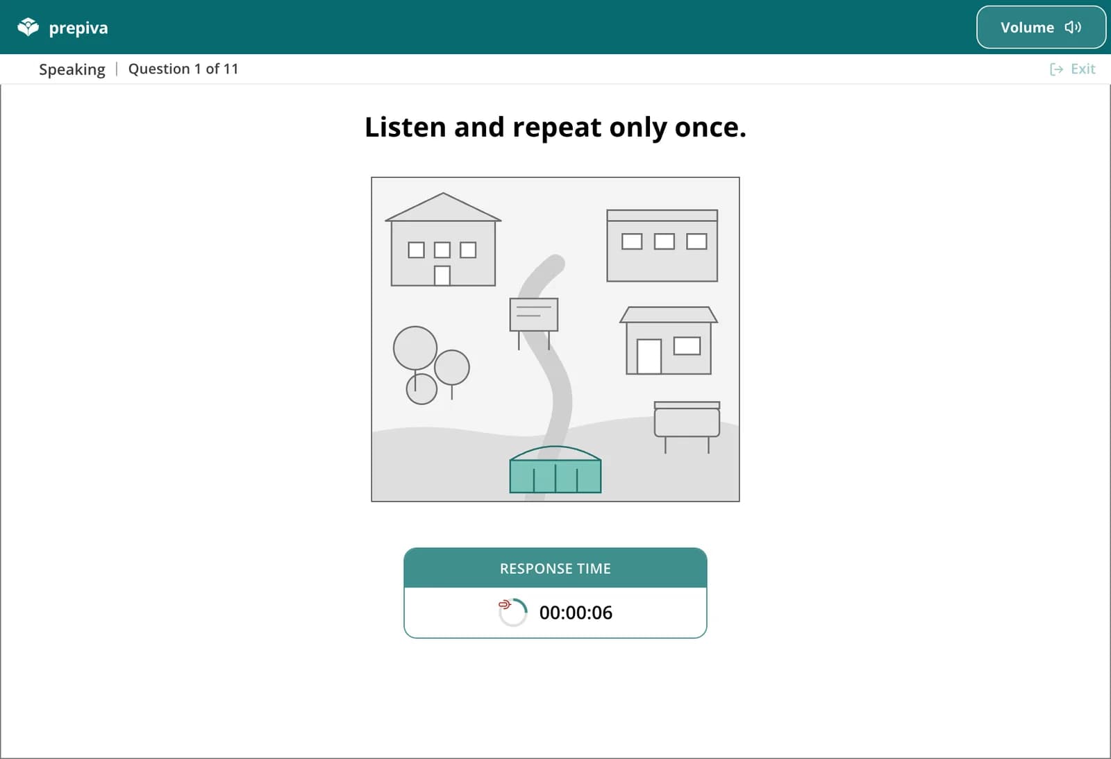 Prepiva Speaking screen: Listen and repeat only once, with a campus picture and the RESPONSE TIME countdown.