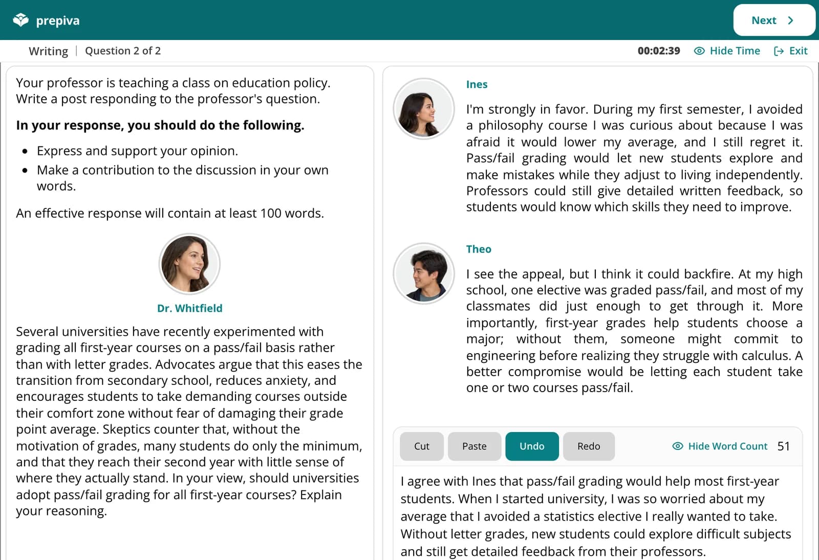 Prepiva Writing screen: an academic discussion with the professor's question, two student posts and a typed response in the editor with Cut, Paste, Undo, Redo and the word count.